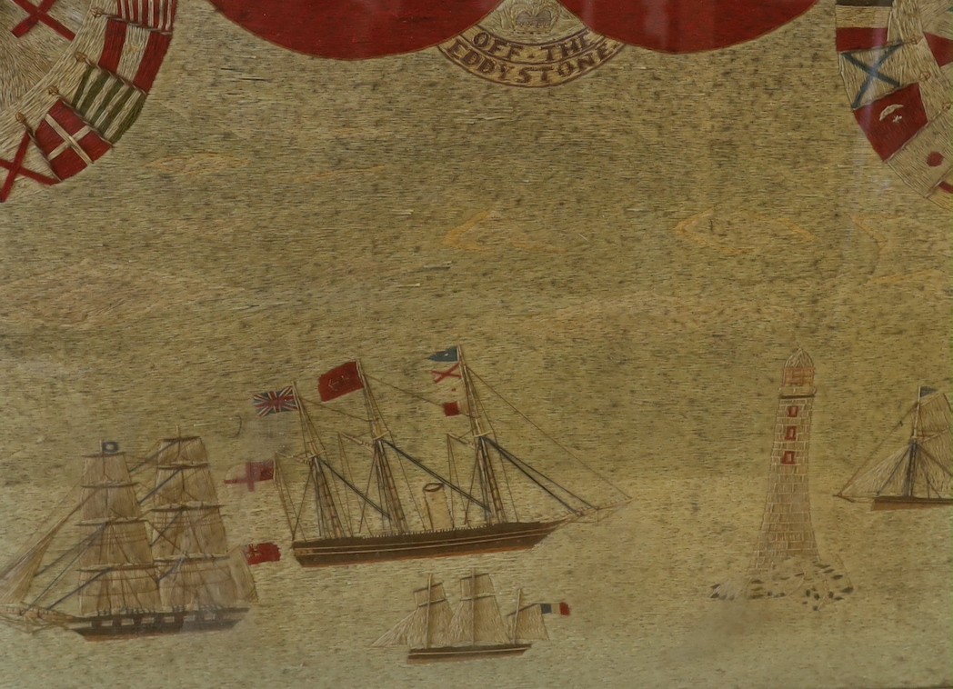 A 19th century wool work tapestry, ships of the Eddy Stone